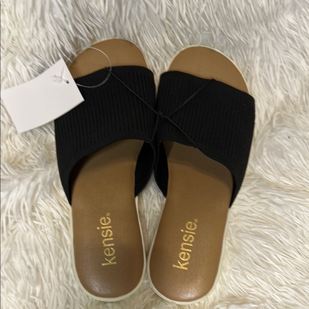 Kensie Black and Tan Minimalist Slide Sandals